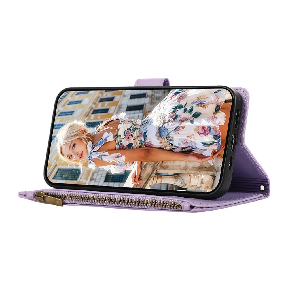 For iPhone 17 Pro Max Case Multi Card Slots Zipper Leather Phone Cover with Wrist Strap - Purple - Image 4