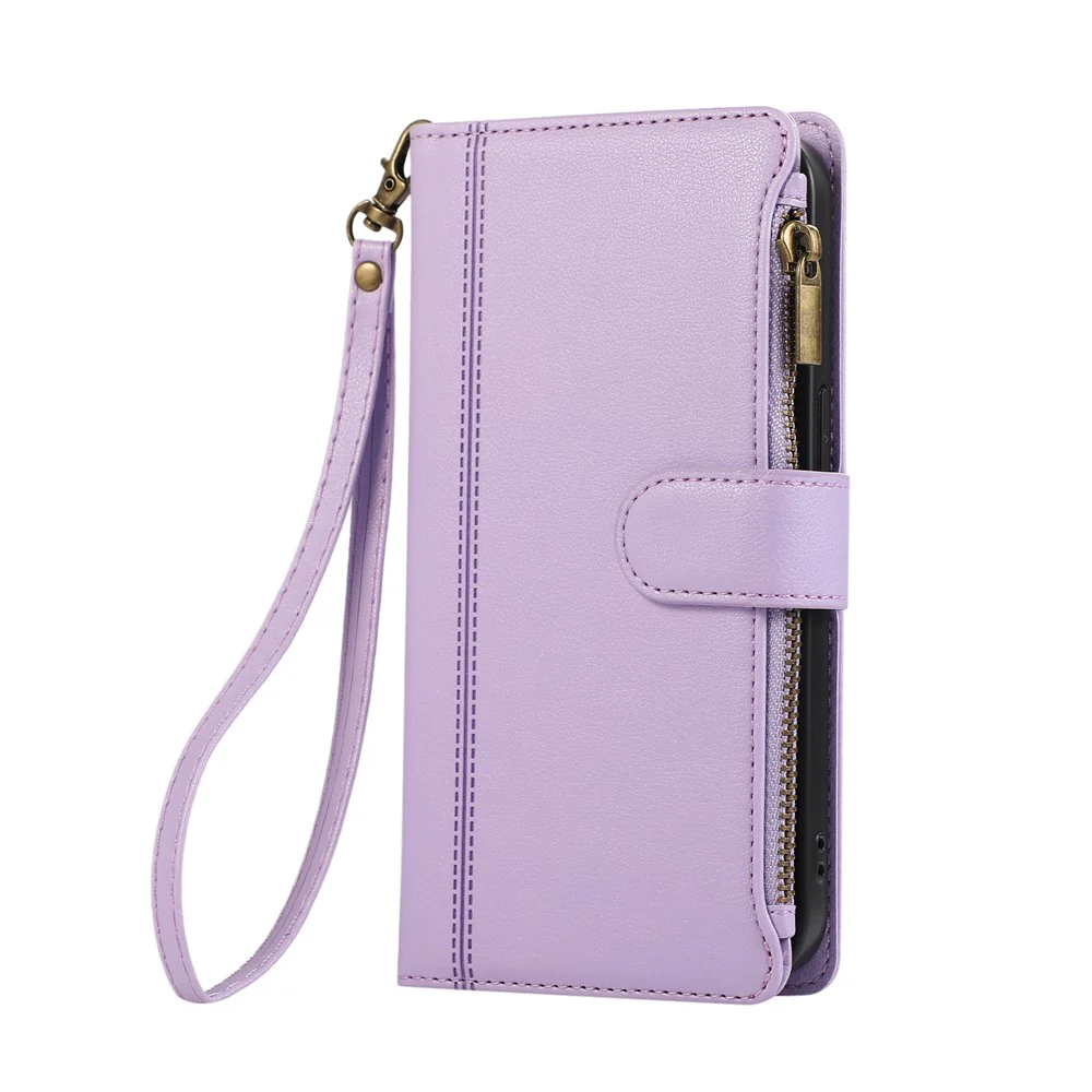 For iPhone 17 Pro Max Case Multi Card Slots Zipper Leather Phone Cover with Wrist Strap - Purple - Image 6