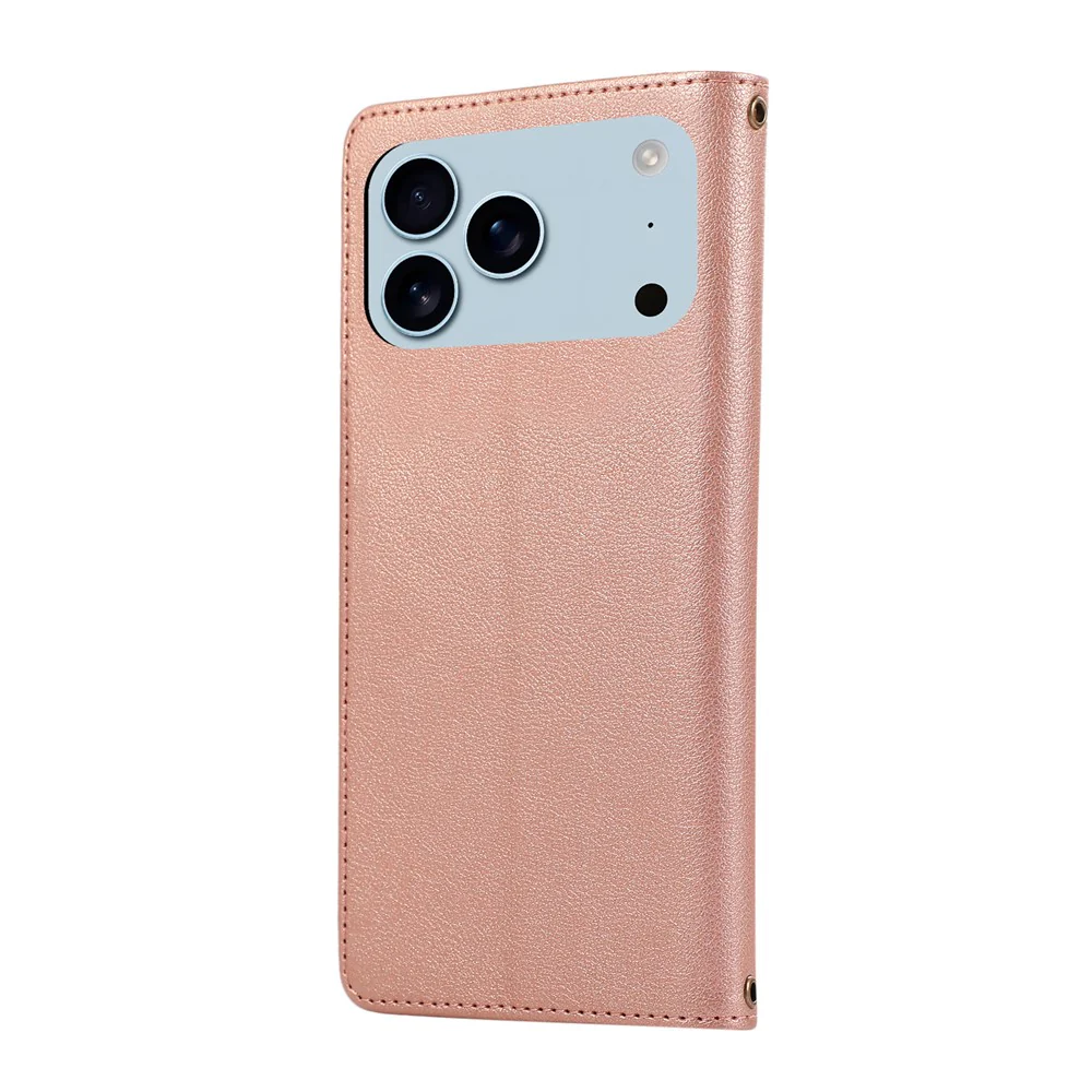 For iPhone 17 Pro Max Case Multi Card Slots Zipper Leather Phone Cover with Wrist Strap - Rose Gold - Image 7
