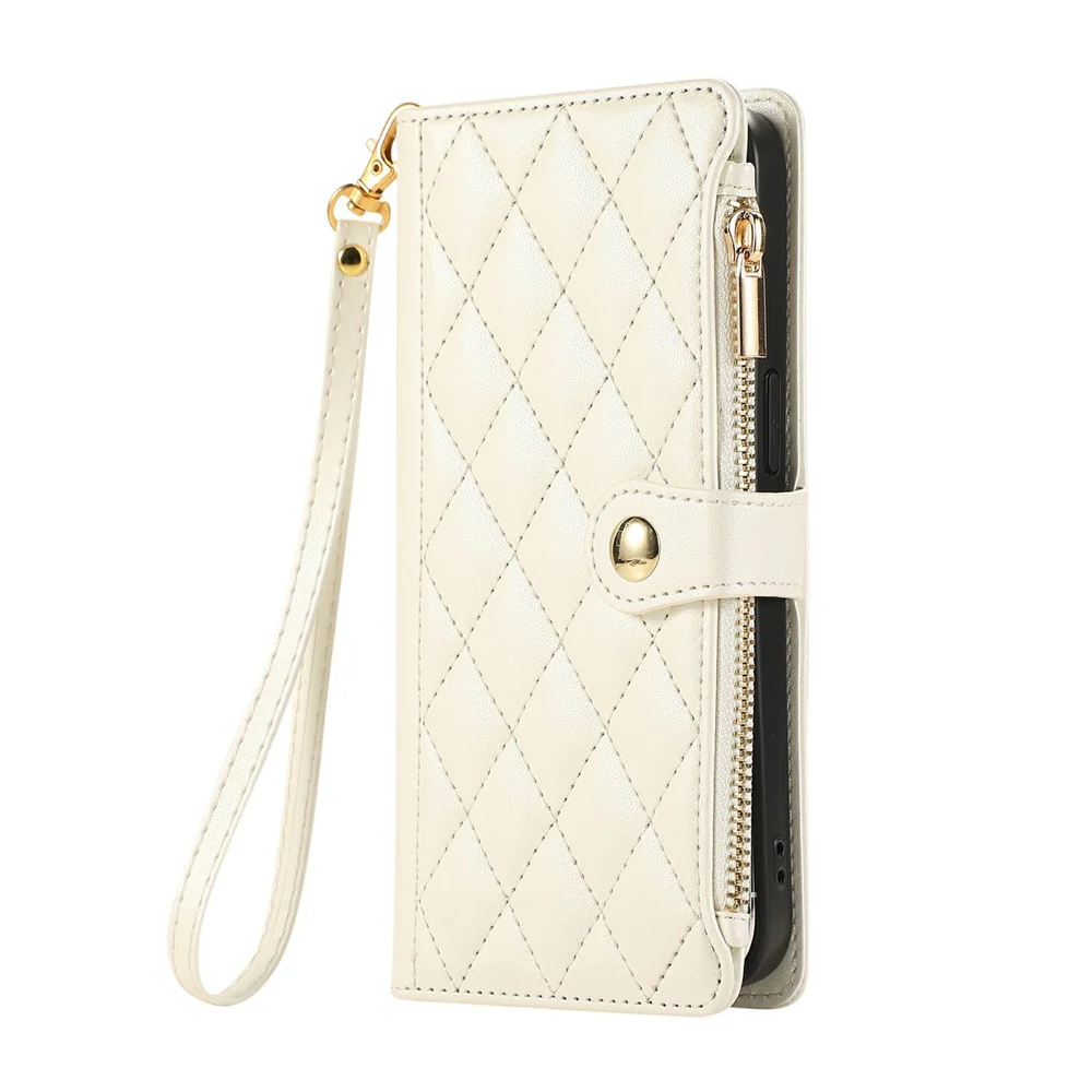 For iPhone 17 Pro Max Case Multi Card Slots Zipper Rhombus Leather Phone Cover with Wrist Strap - Beige - Image 6