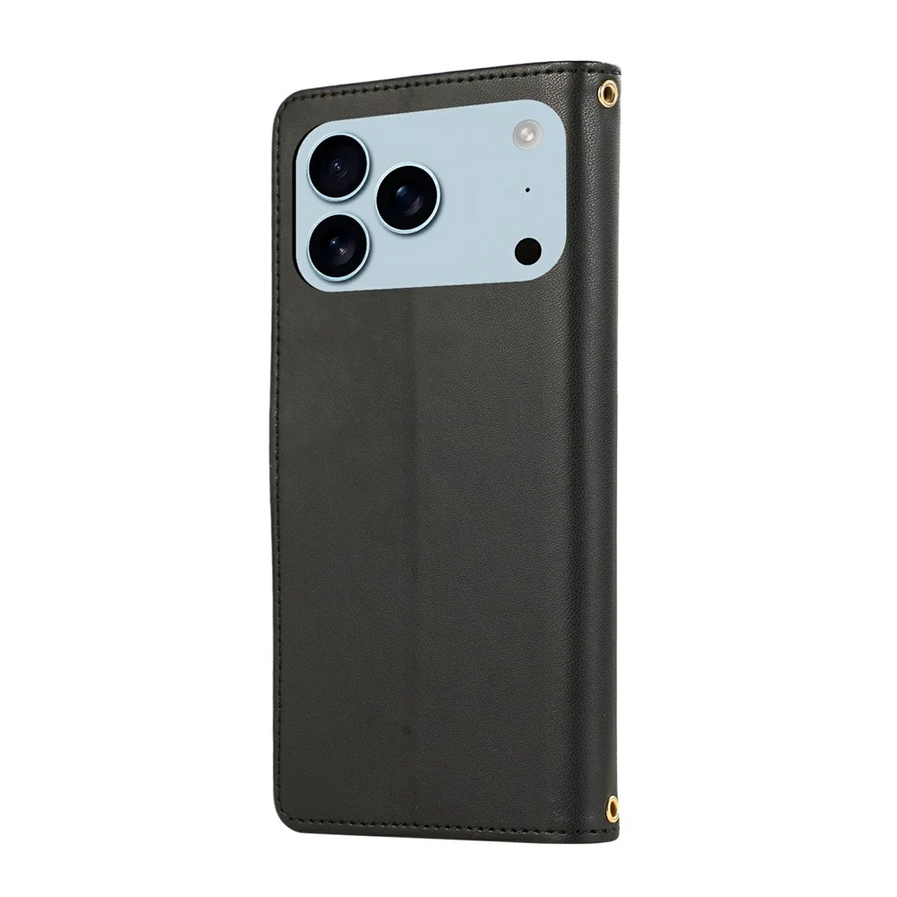 For iPhone 17 Pro Max Case Multi Card Slots Zipper Rhombus Leather Phone Cover with Wrist Strap - Black - Image 7