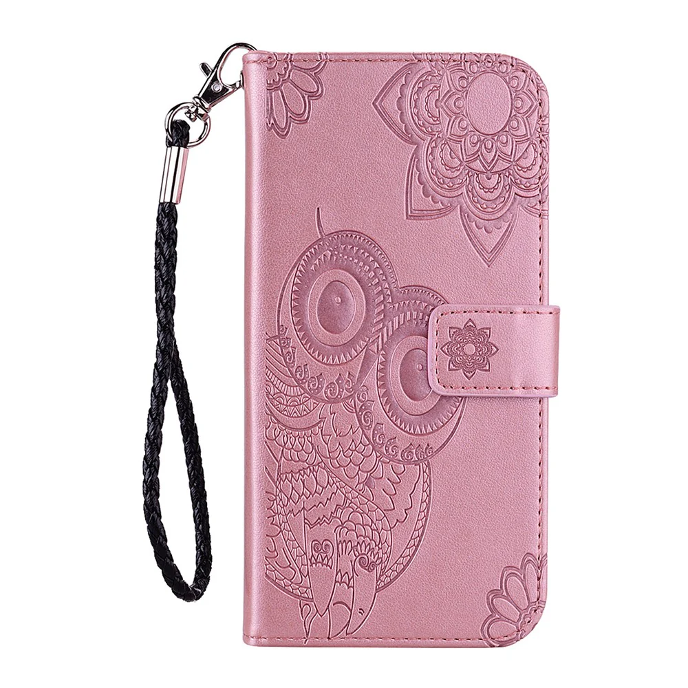 For iPhone 17 Pro Max Case Owl Flower Imprinted Leather Cover Wallet with Strap - Rose Gold - Image 6