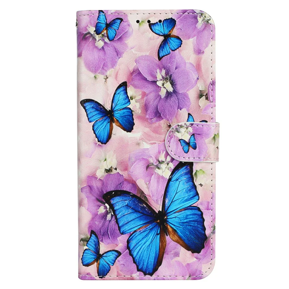 For iPhone 17 Pro Max Case Pattern Leather Wallet Phone Cover with Strap - Purple Flower Butterfly - Image 5
