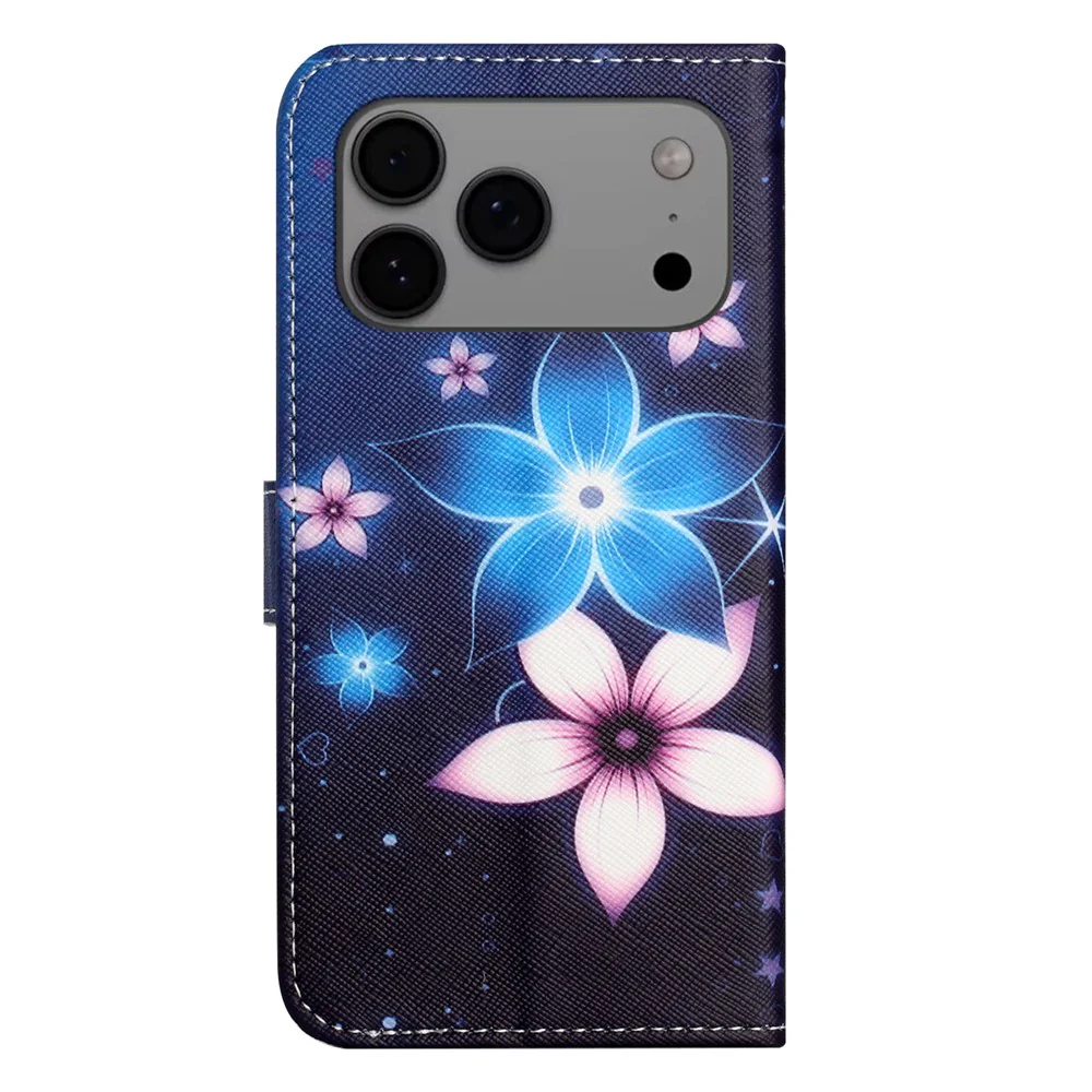 For iPhone 17 Pro Max Case Pattern Print PU Leather Wallet Phone Cover Cross Texture - Blue Flower - Image 5