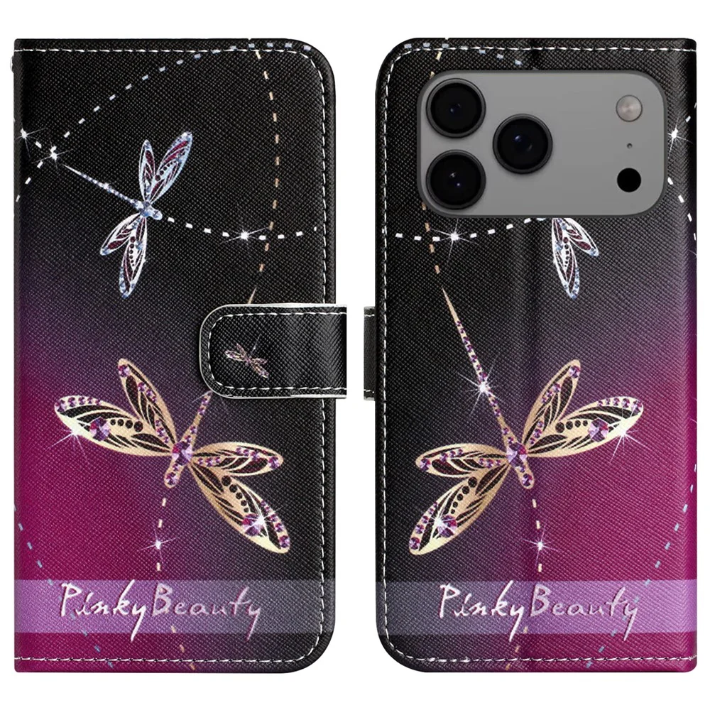 For iPhone 17 Pro Max Case Pattern Print PU Leather Wallet Phone Cover Cross Texture - Dragonfly