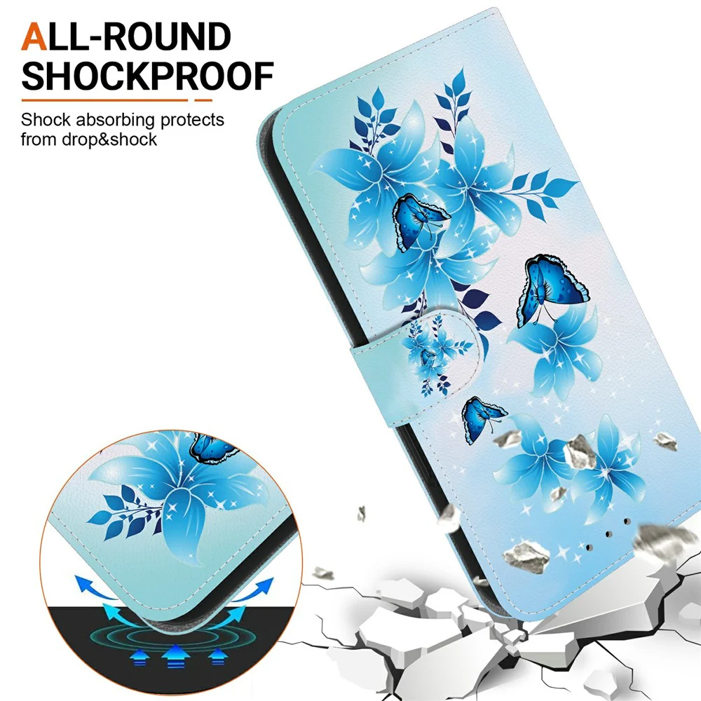 For iPhone 17 Pro Max Case Pattern Printing Anti-Drop Leather Flip Wallet Phone Cover with Lanyard - Blue Butterfly - Image 4