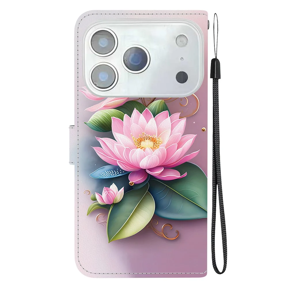 For iPhone 17 Pro Max Case Pattern Printing Anti-Drop Leather Flip Wallet Phone Cover with Lanyard - Lotus - Image 8