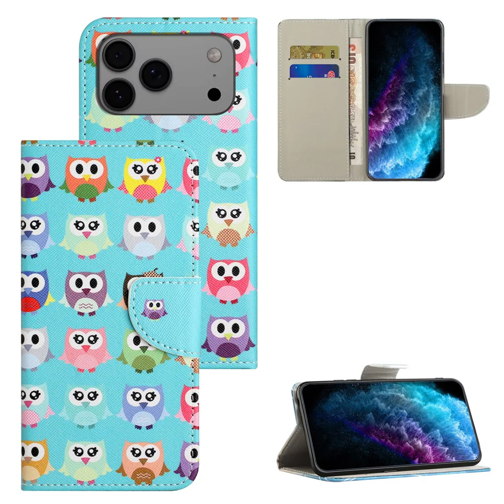 For iPhone 17 Pro Max Case Pattern Printing Cross Texture Leather Phone Cover - Owls - Image 6
