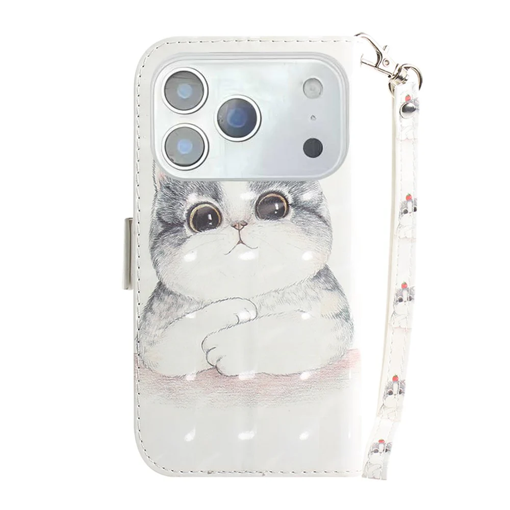 For iPhone 17 Pro Max Case Pattern Printing Leather Wallet Phone Cover with Wrist Strap - Cute Cat - Image 7