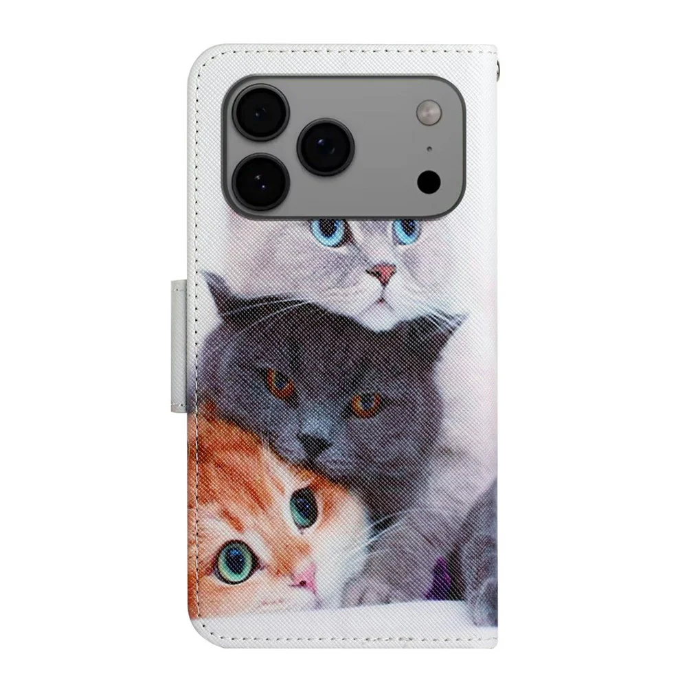 For iPhone 17 Pro Max Case Pattern Printing Protective Leather Folio Phone Cover with Wrist Strap - Three Cats - Image 7