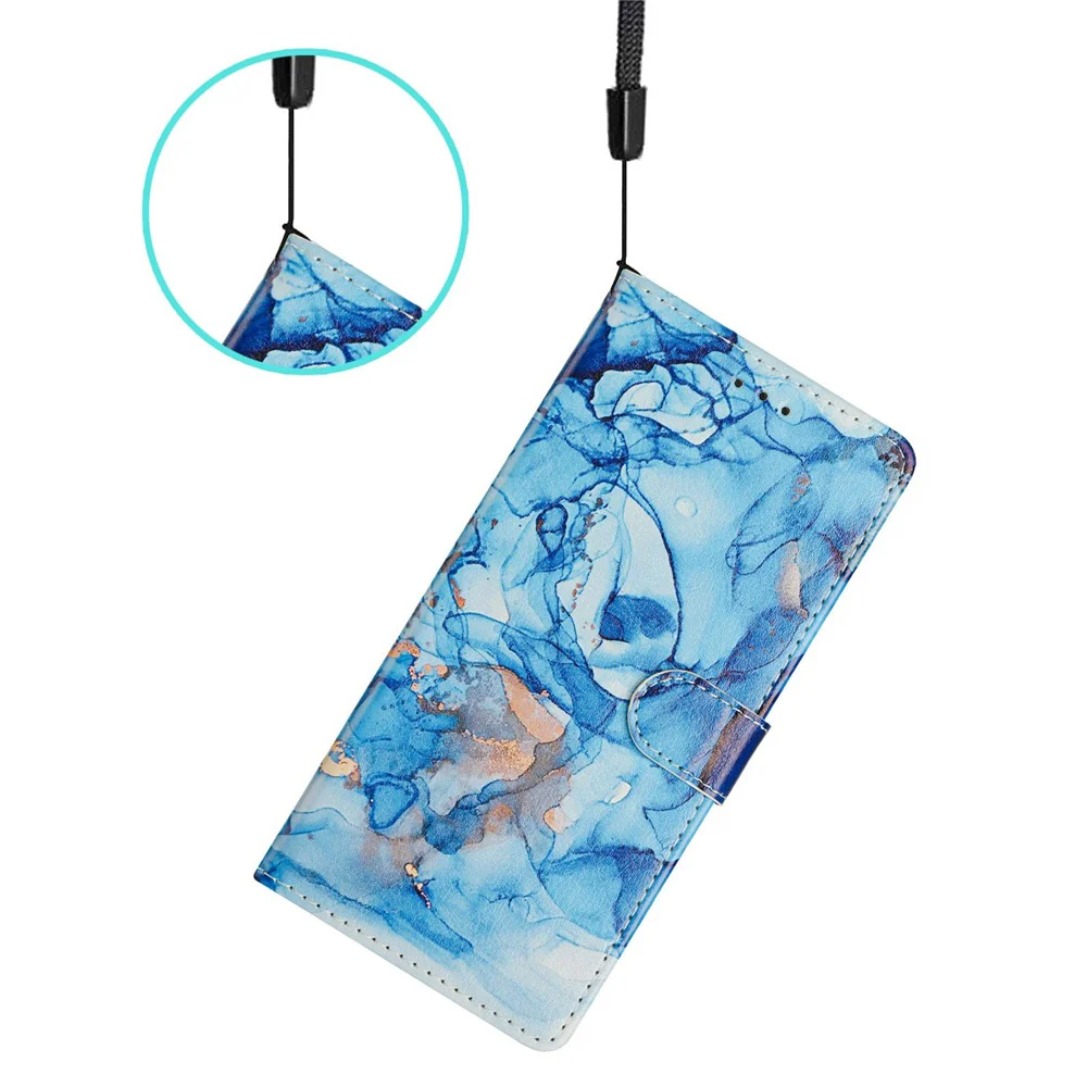 For iPhone 17 Pro Max Case Pattern Printing Wallet Stand Flip Leather Phone Cover with Strap - Blue Marble - Image 5