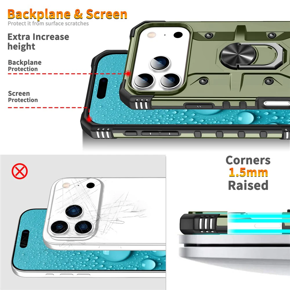 For iPhone 17 Pro Max Case PC + TPU Anti-Drop Phone Cover with Ring Kickstand - Army Green - Image 8