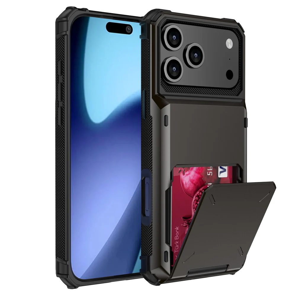 For iPhone 17 Pro Max Case PC + TPU Dual Layer Back Phone Cover with Card Holder - Black