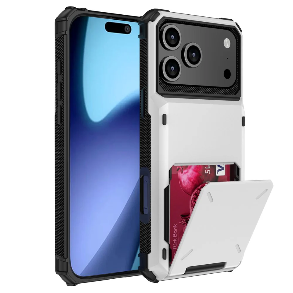 For iPhone 17 Pro Max Case PC + TPU Dual Layer Back Phone Cover with Card Holder - White