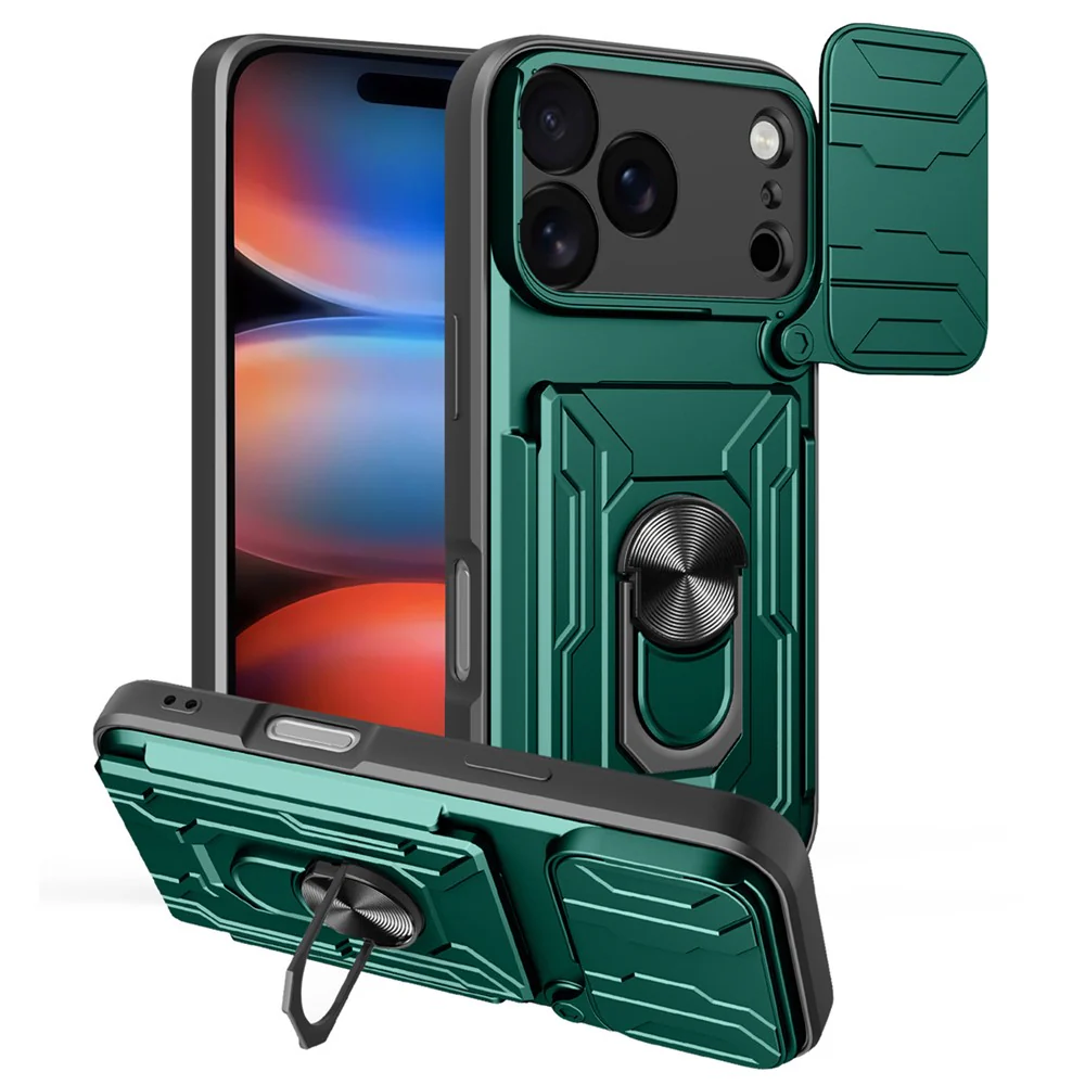 For iPhone 17 Pro Max Case PC + TPU Kickstand Phone Back Cover with Camera Slider - Blackish Green