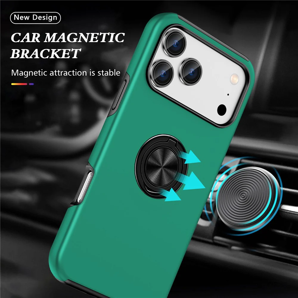 For iPhone 17 Pro Max Case PC + TPU Phone Cover with Rotatable Ring Holder - Blackish Green - Image 2