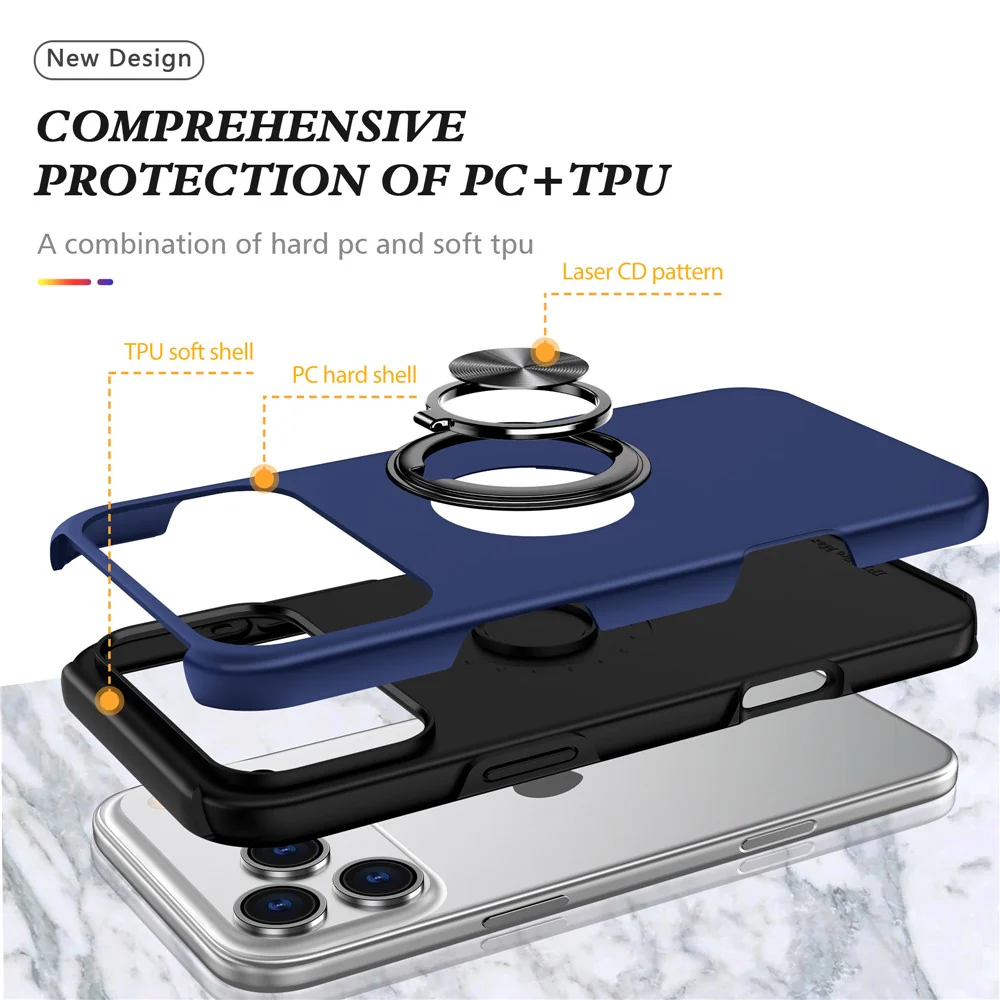 For iPhone 17 Pro Max Case PC + TPU Phone Cover with Rotatable Ring Holder - Blue - Image 4