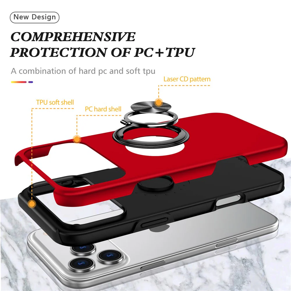 For iPhone 17 Pro Max Case PC + TPU Phone Cover with Rotatable Ring Holder - Red - Image 4
