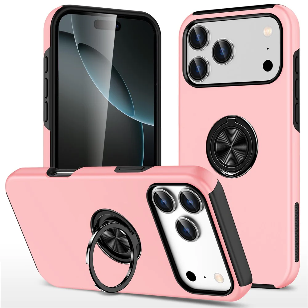 For iPhone 17 Pro Max Case PC + TPU Phone Cover with Rotatable Ring Holder - Rose Gold