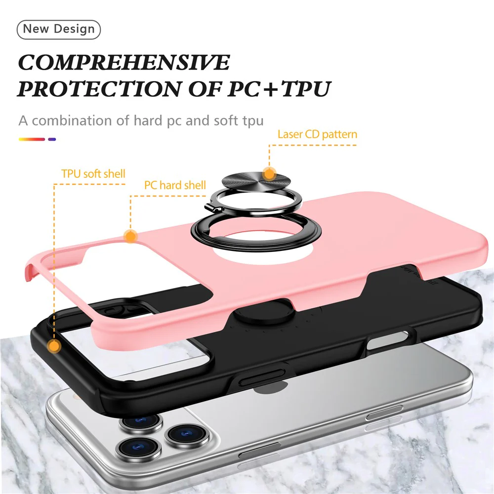 For iPhone 17 Pro Max Case PC + TPU Phone Cover with Rotatable Ring Holder - Rose Gold - Image 4