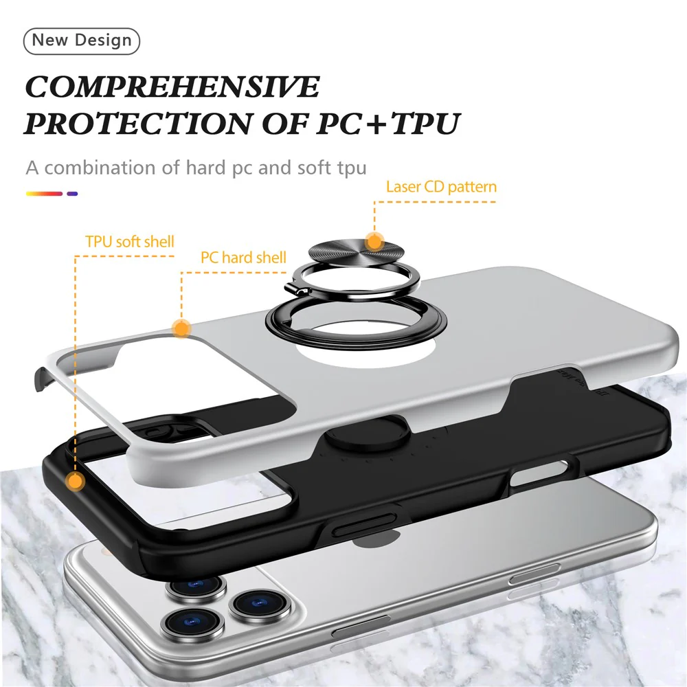For iPhone 17 Pro Max Case PC + TPU Phone Cover with Rotatable Ring Holder - Silver - Image 4