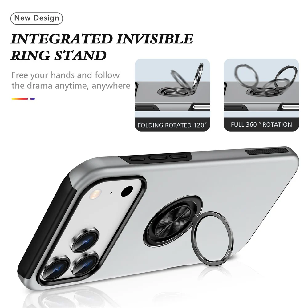 For iPhone 17 Pro Max Case PC + TPU Phone Cover with Rotatable Ring Holder - Silver - Image 7