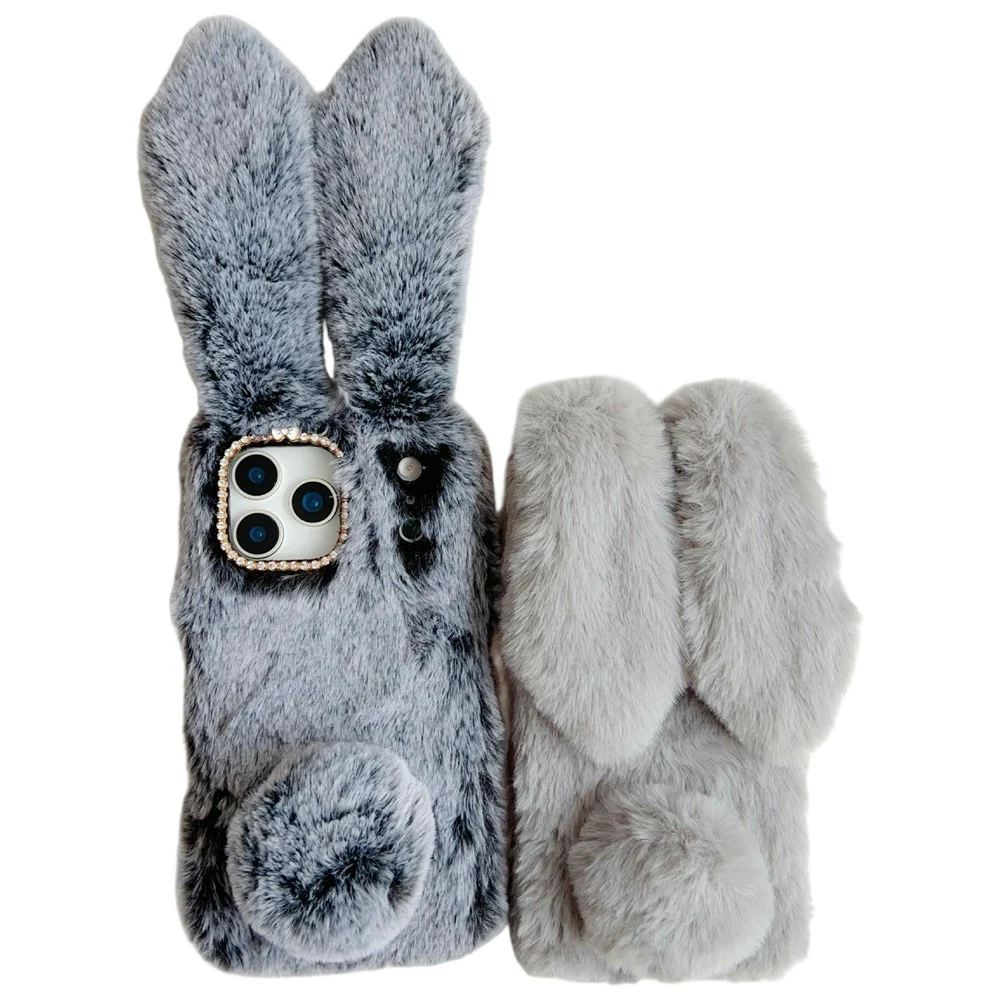 For iPhone 17 Pro Max Case Plush Cute Bunny Winter Fluffy TPU Phone Cover - Brown - Image 3