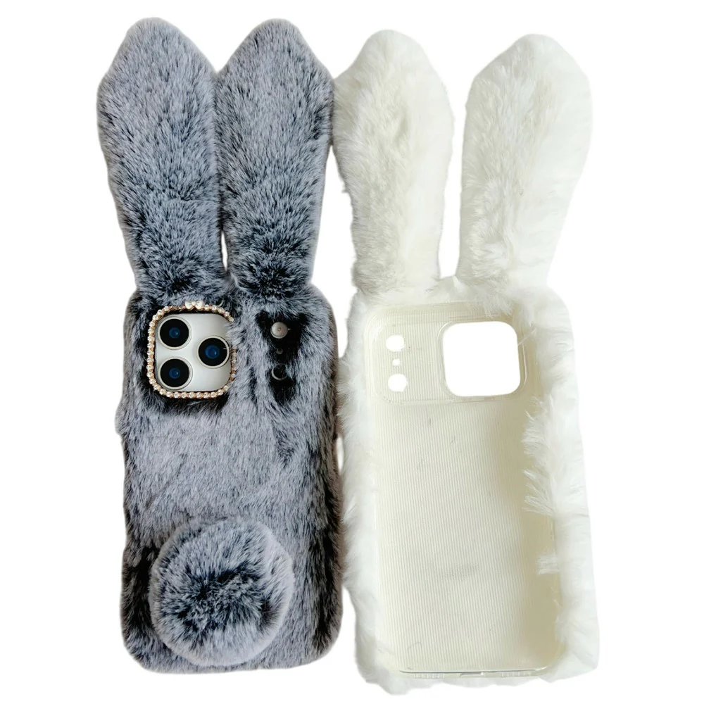 For iPhone 17 Pro Max Case Plush Cute Bunny Winter Fluffy TPU Phone Cover - Grey - Image 2