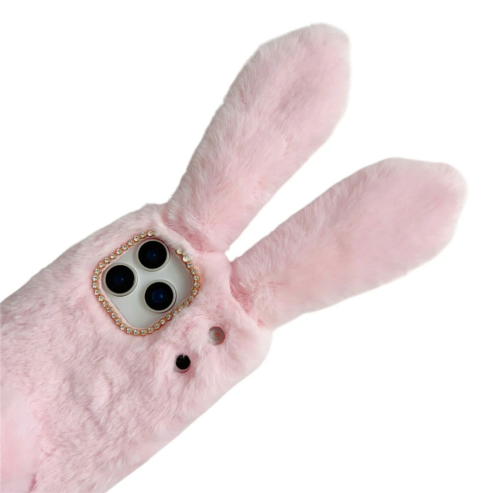 For iPhone 17 Pro Max Case Plush Cute Bunny Winter Fluffy TPU Phone Cover - Pink - Image 4