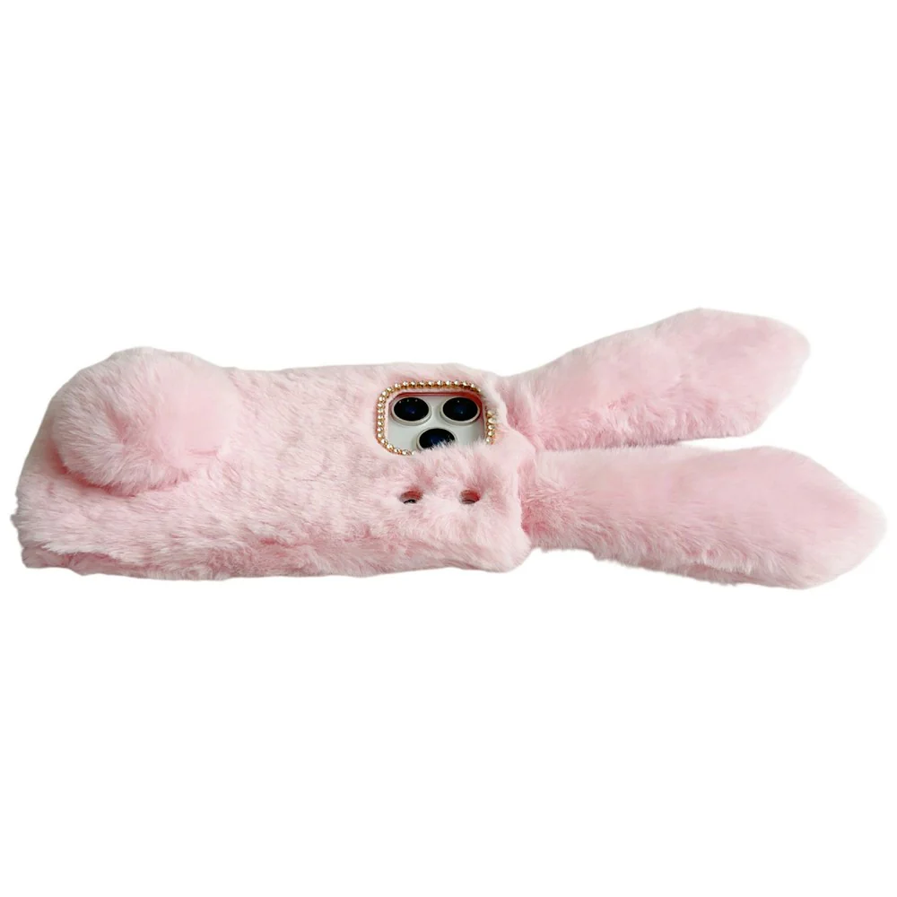 For iPhone 17 Pro Max Case Plush Cute Bunny Winter Fluffy TPU Phone Cover - Pink - Image 5