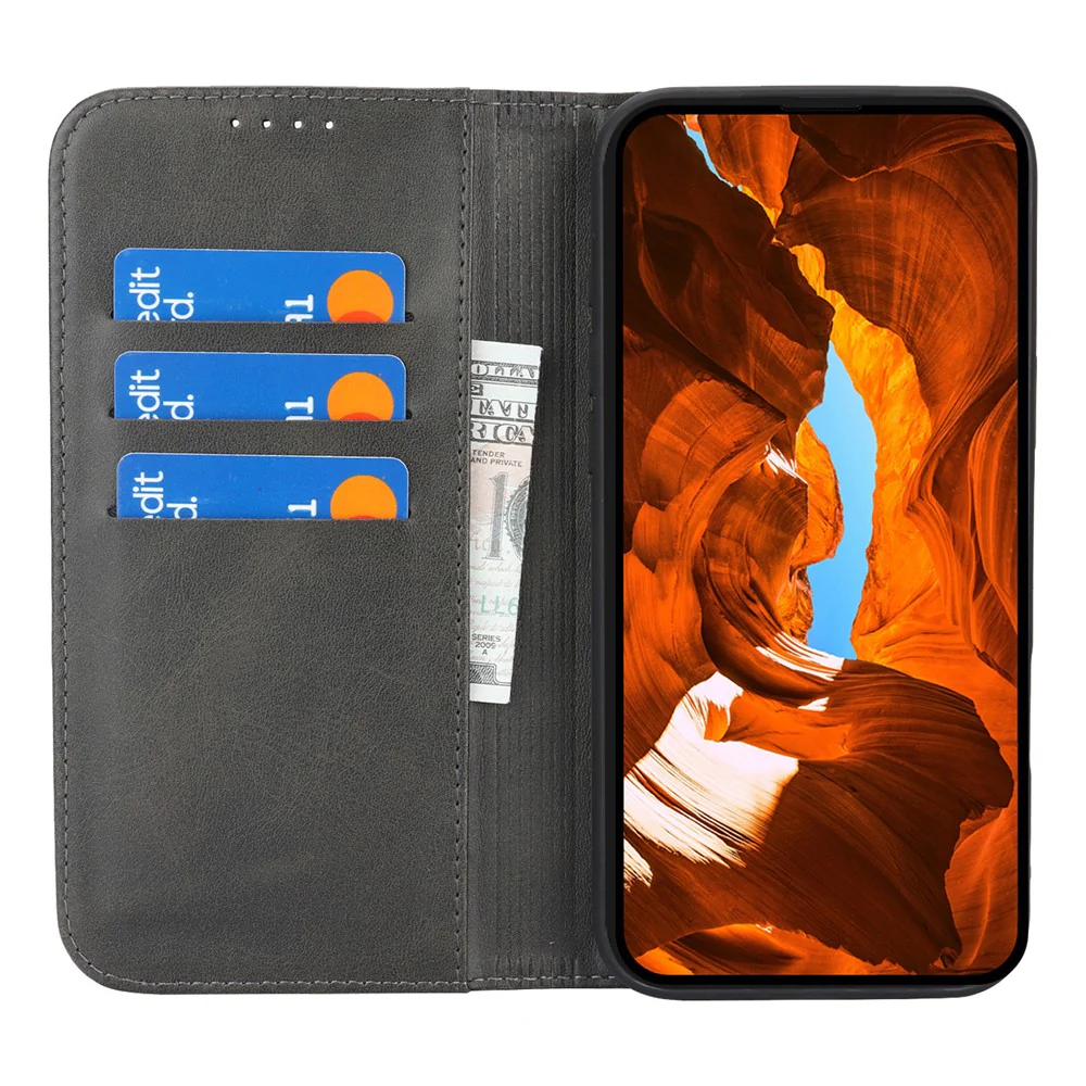 For iPhone 17 Pro Max Case PU Leather Calf Textured Magnetic Closing Smart Phone Cover - Black - Image 2