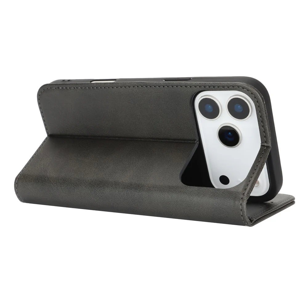 For iPhone 17 Pro Max Case PU Leather Calf Textured Magnetic Closing Smart Phone Cover - Black - Image 3
