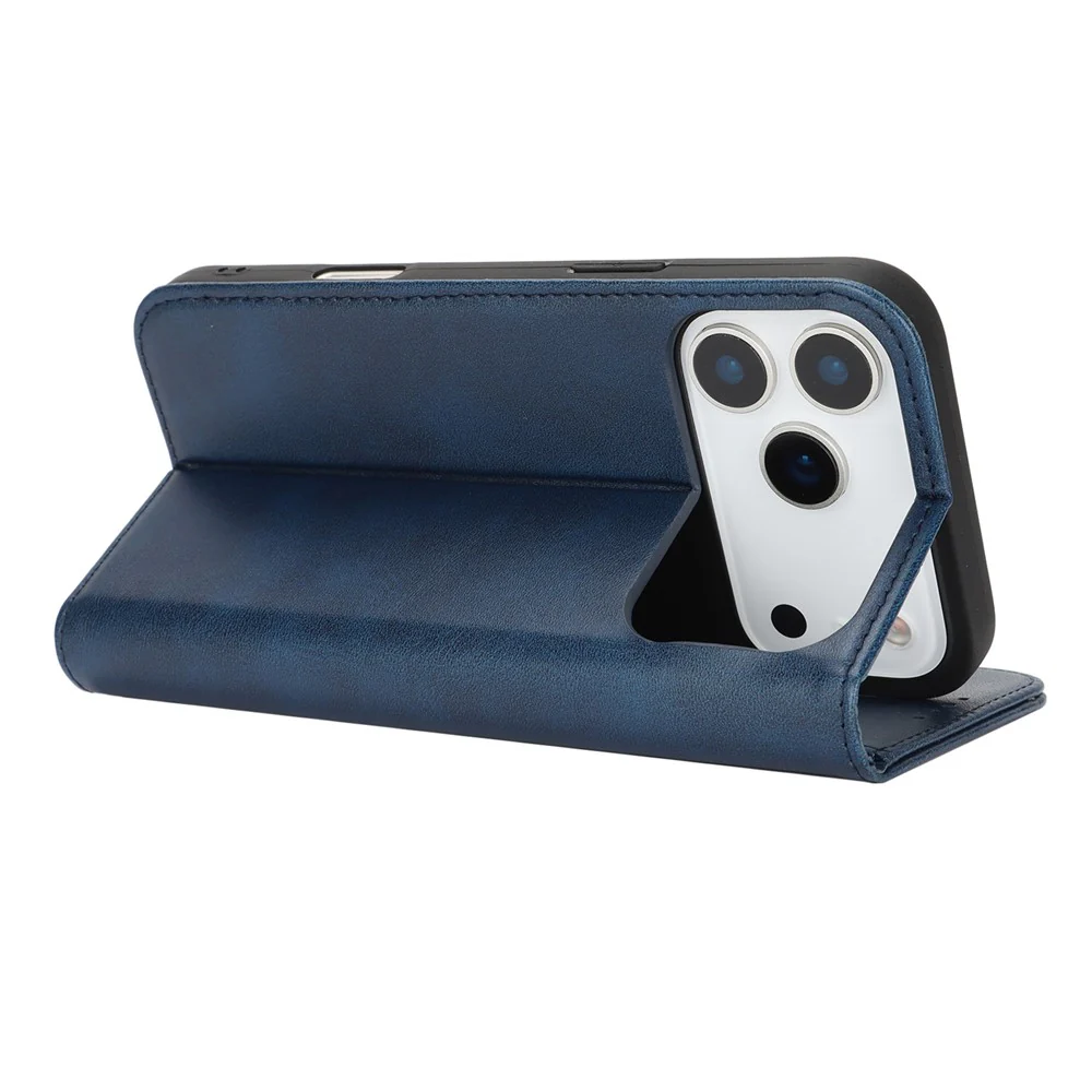 For iPhone 17 Pro Max Case PU Leather Calf Textured Magnetic Closing Smart Phone Cover - Dark Blue - Image 3