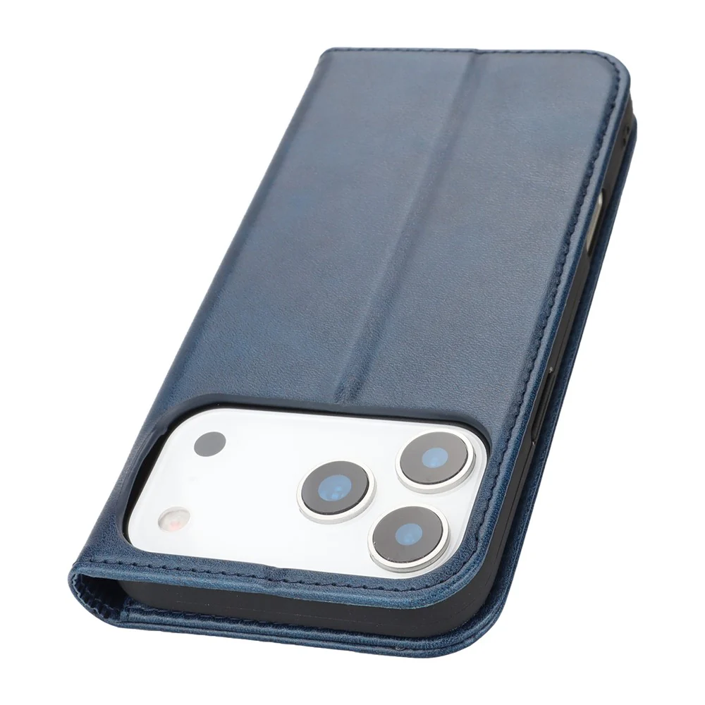 For iPhone 17 Pro Max Case PU Leather Calf Textured Magnetic Closing Smart Phone Cover - Dark Blue - Image 6