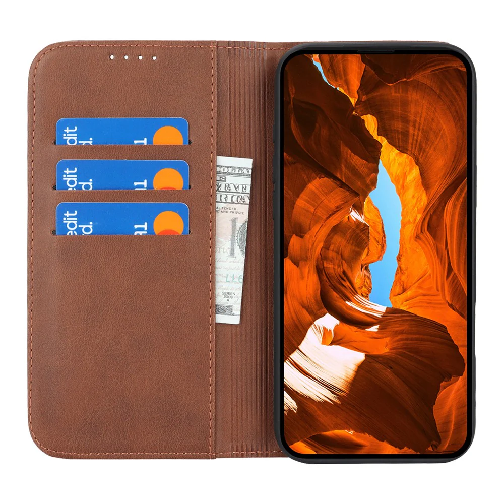 For iPhone 17 Pro Max Case PU Leather Calf Textured Magnetic Closing Smart Phone Cover - Dark Brown - Image 2