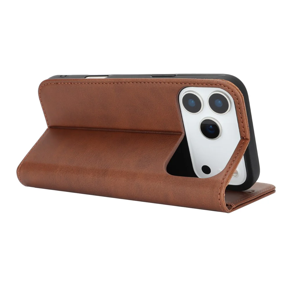For iPhone 17 Pro Max Case PU Leather Calf Textured Magnetic Closing Smart Phone Cover - Dark Brown - Image 3