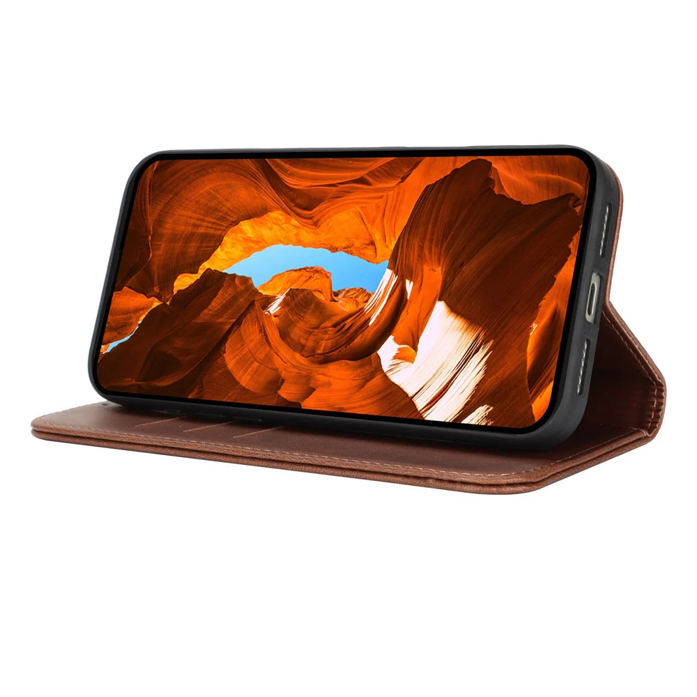 For iPhone 17 Pro Max Case PU Leather Calf Textured Magnetic Closing Smart Phone Cover - Dark Brown - Image 4