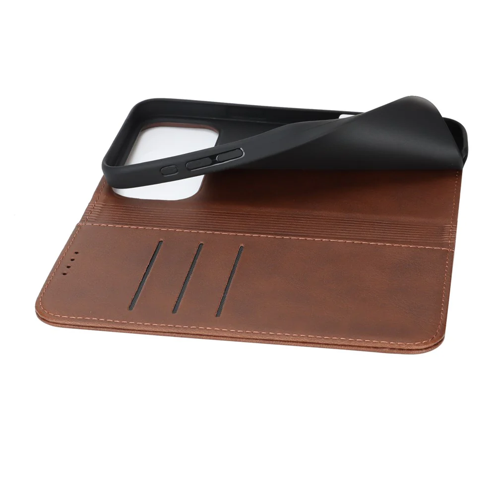For iPhone 17 Pro Max Case PU Leather Calf Textured Magnetic Closing Smart Phone Cover - Dark Brown - Image 5