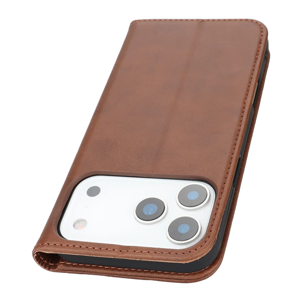 For iPhone 17 Pro Max Case PU Leather Calf Textured Magnetic Closing Smart Phone Cover - Dark Brown - Image 6