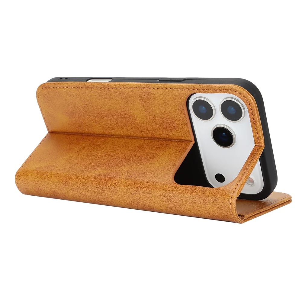 For iPhone 17 Pro Max Case PU Leather Calf Textured Magnetic Closing Smart Phone Cover - Light Brown - Image 3