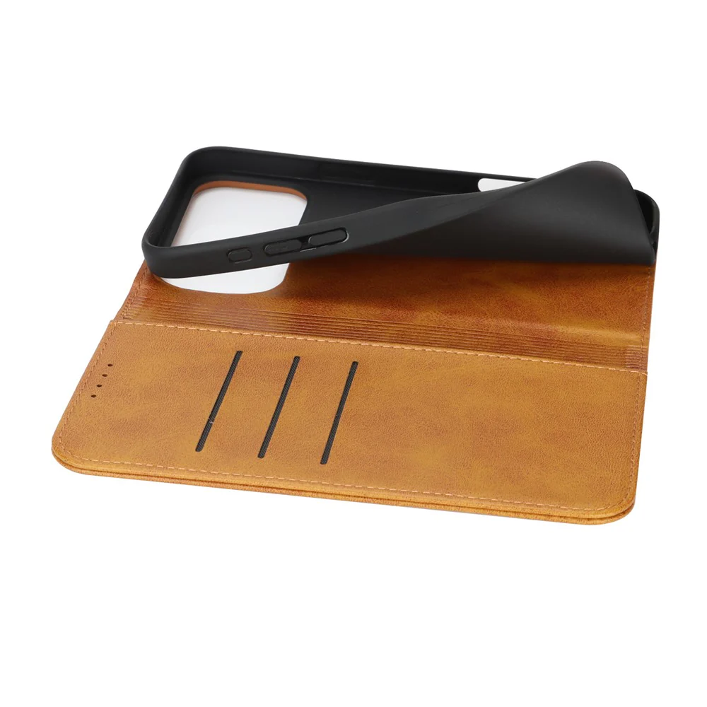 For iPhone 17 Pro Max Case PU Leather Calf Textured Magnetic Closing Smart Phone Cover - Light Brown - Image 5