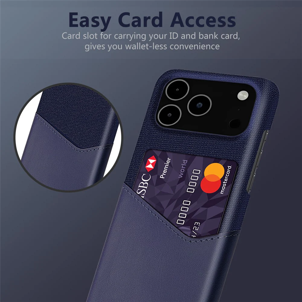 For iPhone 17 Pro Max Case PU Leather Cloth Texture Hard PC Phone Cover with Card Holder - Blue - Image 4