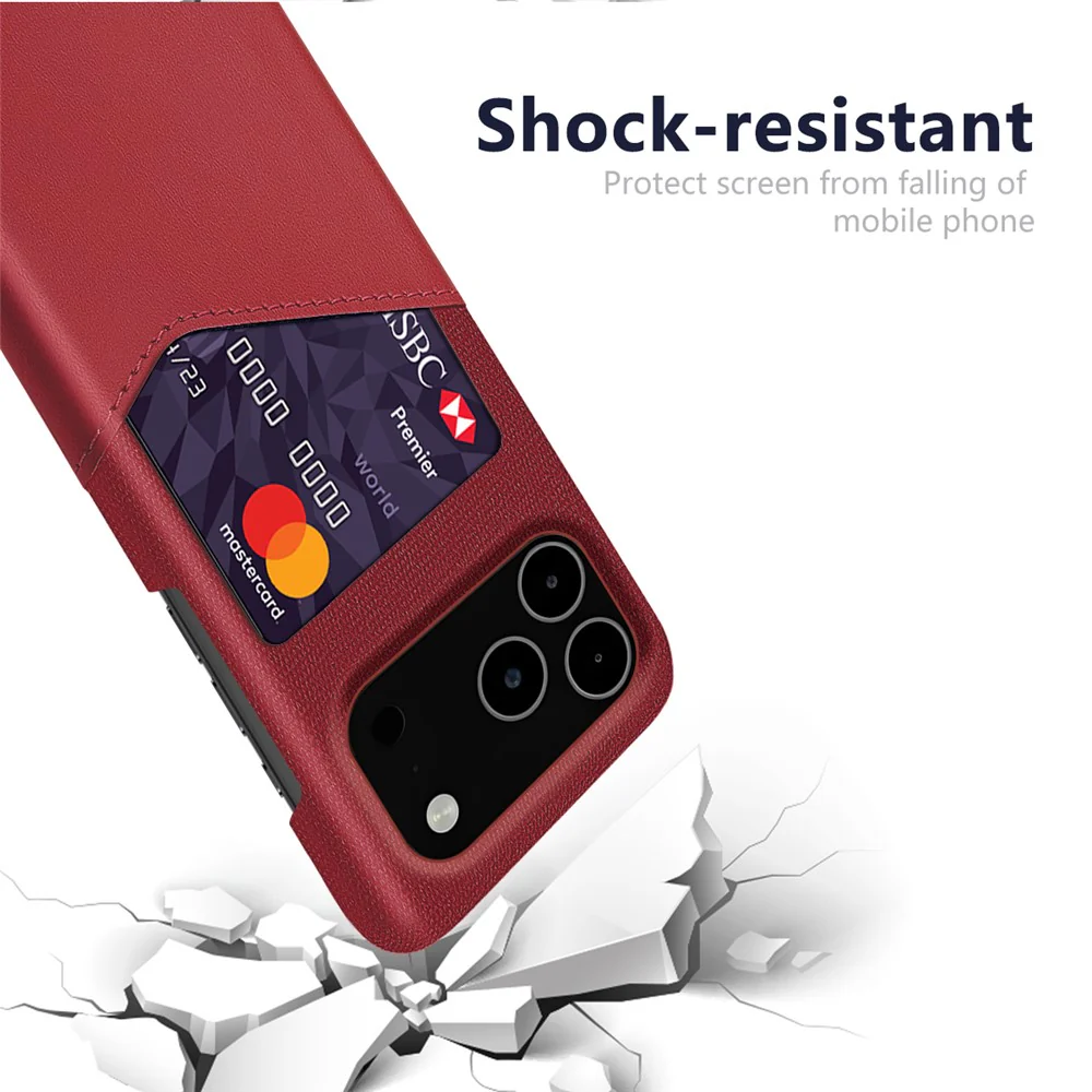 For iPhone 17 Pro Max Case PU Leather Cloth Texture Hard PC Phone Cover with Card Holder - Red - Image 3