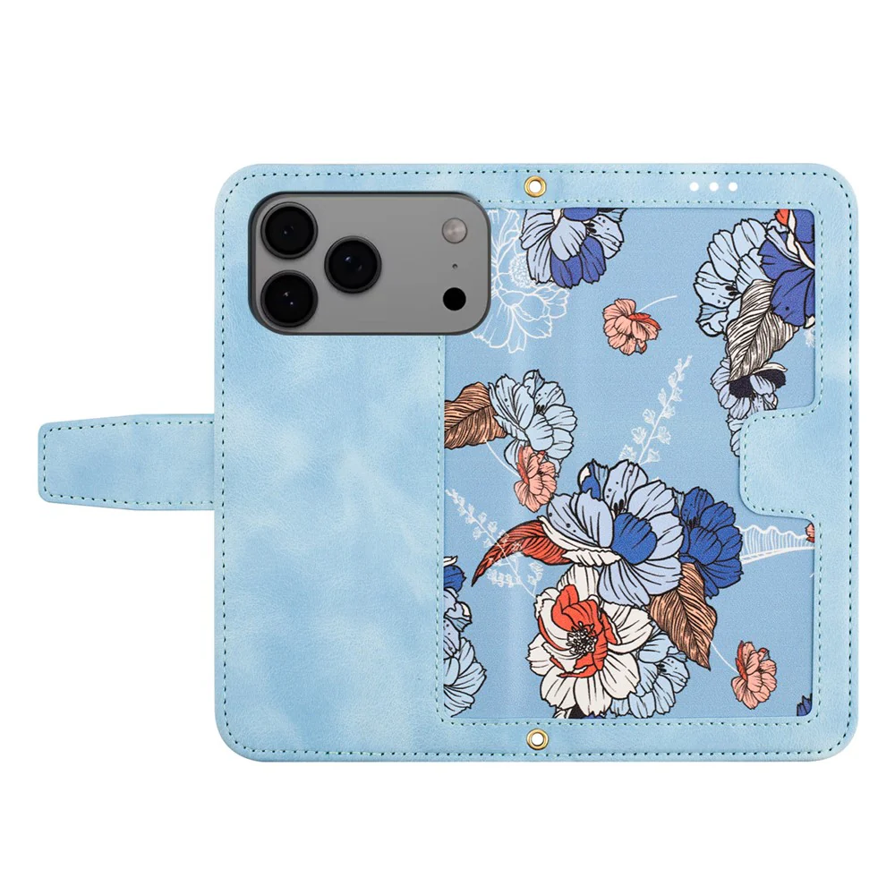For iPhone 17 Pro Max Case PU Leather Floral Phone Cover with Card Slots / Wrist Strap - Baby Blue - Image 2