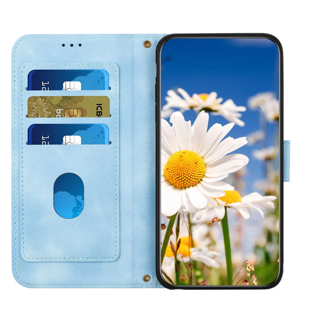 For iPhone 17 Pro Max Case PU Leather Floral Phone Cover with Card Slots / Wrist Strap - Baby Blue - Image 5
