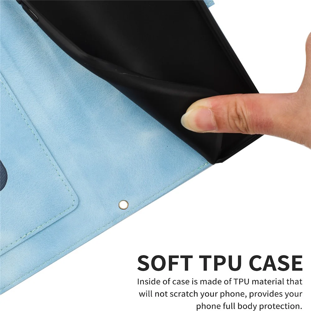 For iPhone 17 Pro Max Case PU Leather Floral Phone Cover with Card Slots / Wrist Strap - Baby Blue - Image 6