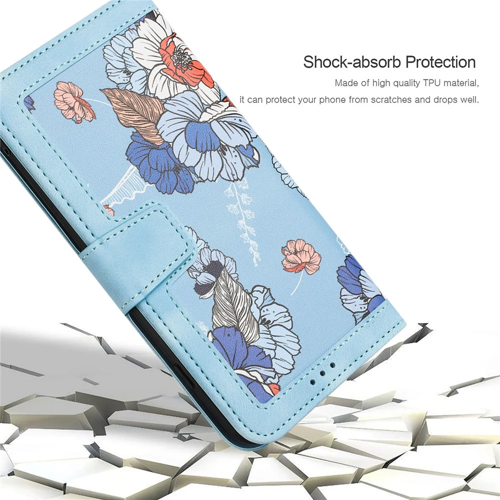 For iPhone 17 Pro Max Case PU Leather Floral Phone Cover with Card Slots / Wrist Strap - Baby Blue - Image 7