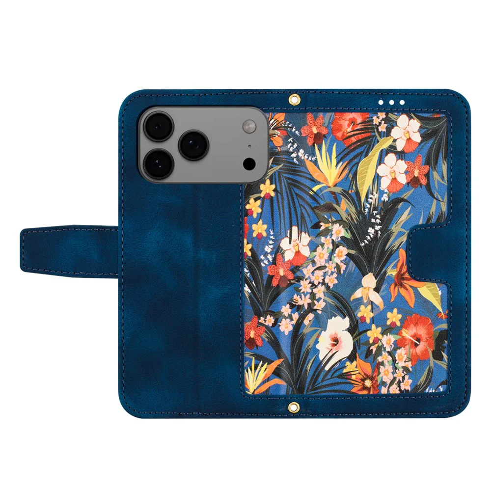 For iPhone 17 Pro Max Case PU Leather Floral Phone Cover with Card Slots / Wrist Strap - Dark Blue - Image 2
