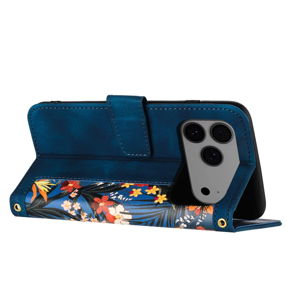 For iPhone 17 Pro Max Case PU Leather Floral Phone Cover with Card Slots / Wrist Strap - Dark Blue - Image 3