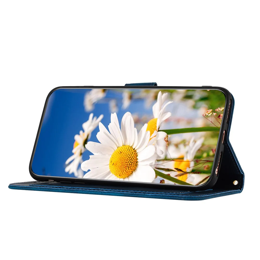 For iPhone 17 Pro Max Case PU Leather Floral Phone Cover with Card Slots / Wrist Strap - Dark Blue - Image 4